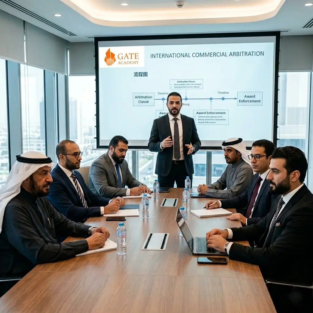  Arab businessmen discussing international commercial arbitration in a modern meeting room 